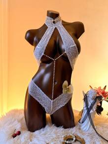 Aloruh Bộ đồ liền thân ren chuỗi ngọc trai gợi cảm cho nữ màu trắng Bộ đồ liền thân ren gợi cảm trong suốt chuỗi ngọc trai tương tác vui nhộn khi đi chơi - trắng - Xem 5