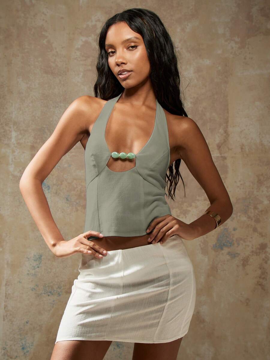 MISSGUIDED 时尚露背吊带亚麻短款上衣,饰有串珠,适合夏季节日、晚宴、派对等场合,无袖露背设计,圣诞节适用。 - 綠色 - 查看 1