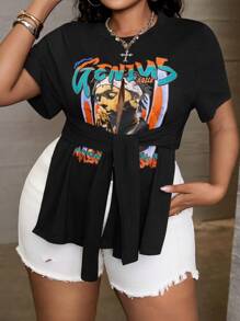 Dripcurv Blusa de manga corta con cuello redondo, estampado y lazo delantero, para tallas grandes, verano - Albaricoque - Ver 3