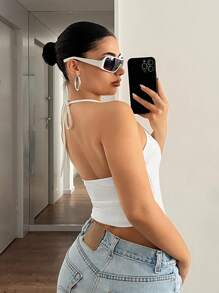 SHEIN ICON Áo ba lỗ cổ yếm màu trơn cho nữ - trắng - Xem 2