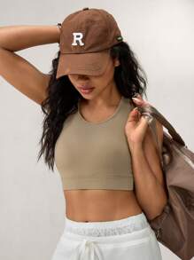 Hanevo Solid Color Hollow Shoulder Round Neck Summer Cropped Yoga Tank Top Bra Style Sportwear For Daily Wear - White - View 5