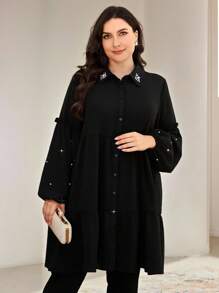 Veilorie Plus Size Solid Color Long Sleeve Casual Shirt, Suitable For Summer Plus Size Christmas - Black - View 4
