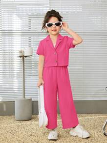 SHEIN Conjunto de camisa casual de cor sólida com gola de lapela e estilo de rua para meninas