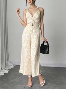 女式夏季度假风格满版印花扭结后背吊带阔腿连体裤 - 彩色 - 查看 1