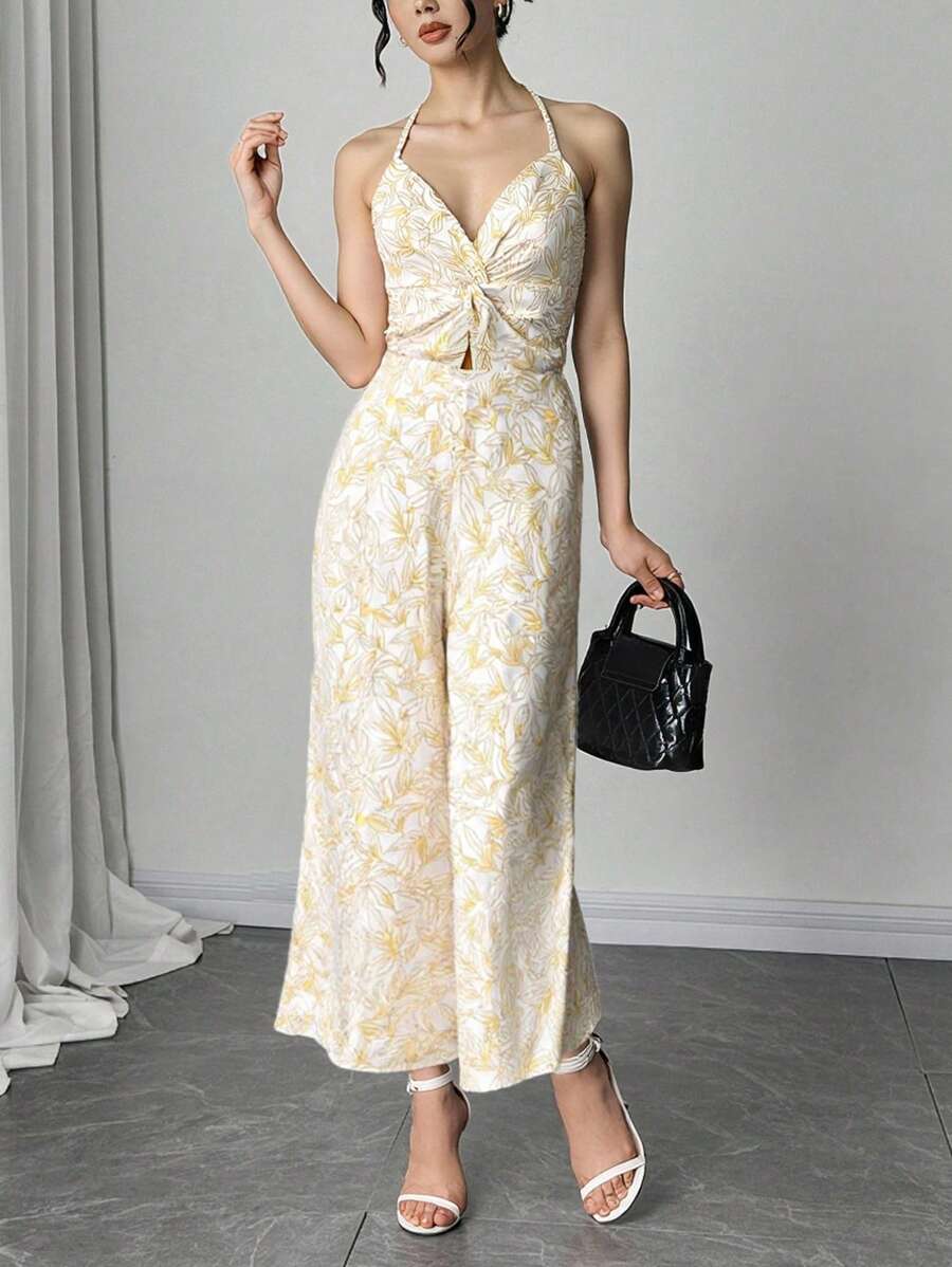 女式夏季度假风格满版印花扭结后背吊带阔腿连体裤 - 彩色 - 查看 1