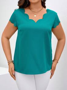 Chikora Plus Size Solid Color Shirt With Scalloped Edges - Green - View 4