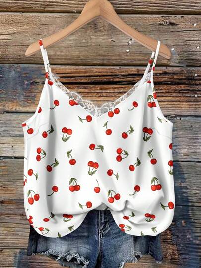 SHEIN VCAY Blusa de tirantes de encaje con parches, cuello en V, estampado de cerezas, para ocasiones elegantes y vacaciones, adecuada para el verano, tallas grandes