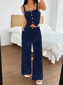 SHEIN EZwear 女士简约纯色单排扣短款吊带背心和阔腿裤两件套，适合夏季