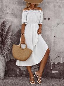 EMERY ROSE 女士连衣裙 夏季女士连衣裙 女士连衣裙 夏季露肩上衣 夏季服装 女士度假装 女士中长连衣裙 - 白色 - 查看 7