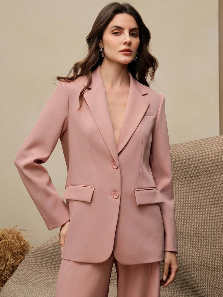 Anewsta Essential 2pcs Women's Mellard Color Business Suit Set: Blazer Jacket + Straight Leg Pants