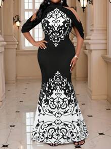 SHEIN Lady Plus Size Elegant Contrast Color Print Halterneck Mermaid Dress - Multicolor - View 5