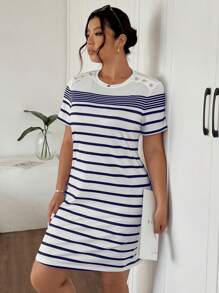 SHEIN Frenchy Women Plus Size Summer Striped Round Neck Short Sleeve Button Design Casual Dress,Summer Dresses For Women,Dresses Casual