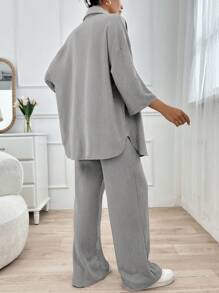 大码女装两件套，前扣长袖上衣搭配前系带长裤，简约风格 - 淺灰色 - 查看 2