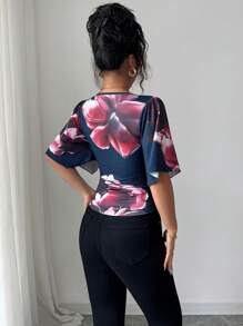 Roylia Women's Floral Print Fitted Sexy Elegant Knit T-Shirt