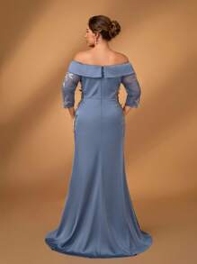 Serin 加大码优雅简约深灰色露肩透视七分袖奢华贴花装饰鱼尾下摆礼服，新娘母亲礼服