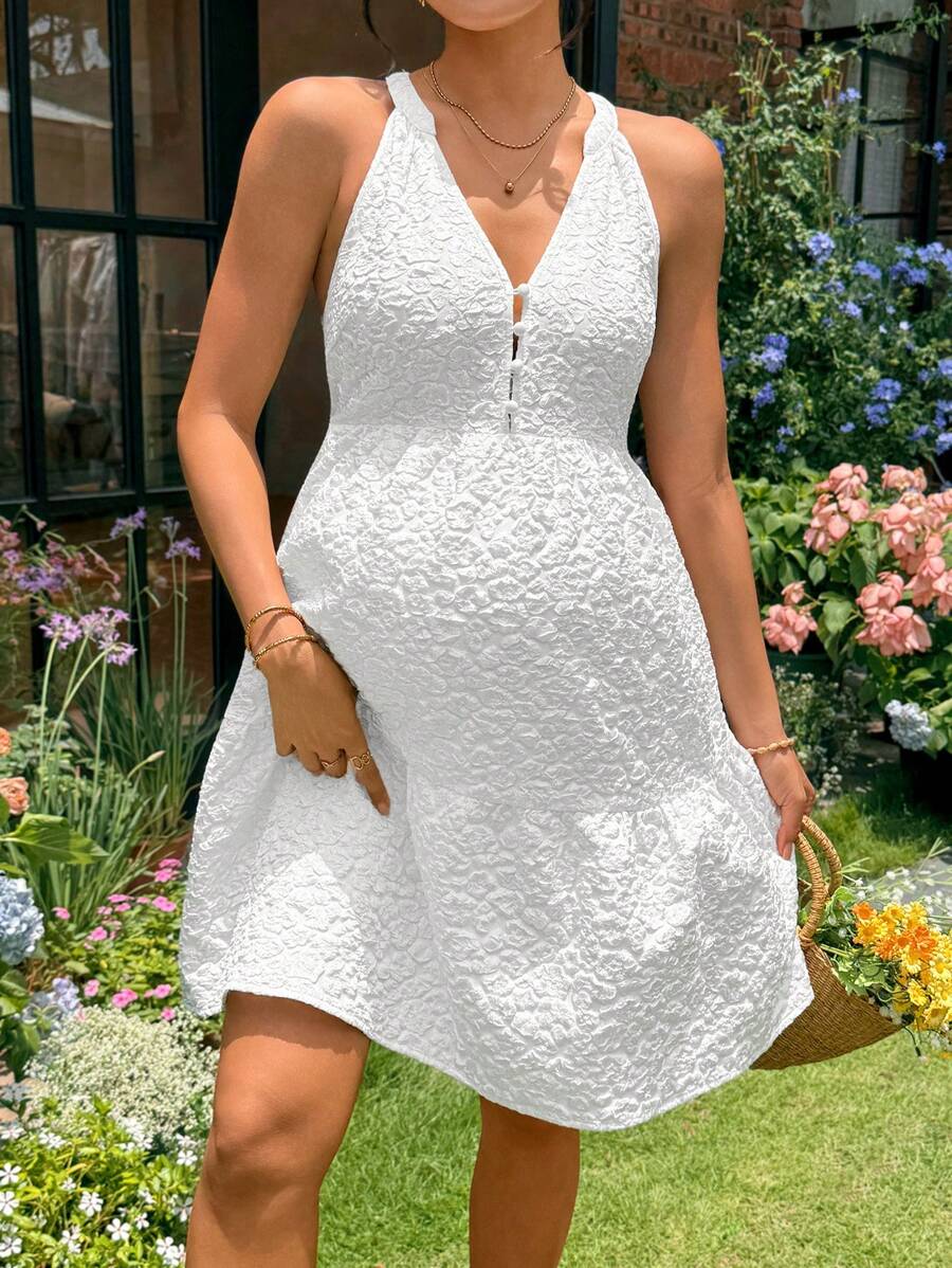 SHEIN Váy yếm cổ chữ V dệt jacquard trơn màu phong cách ngày lễ cho bà bầu, mùa hè - trắng - Xem 1