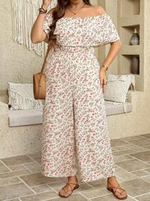 SHEIN LUNE 大码露肩碎花休闲宽松女式连体裤，夏季 - 白色 - 查看 8