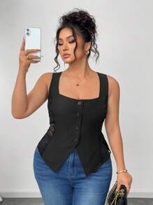 Elenzga Camiseta de tirantes de talla grande para mujer con cuello cuadrado, abotonadura frontal, parches y encaje, bajo asimétrico, ideal para uso casual y diario en verano