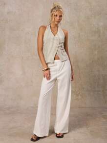 SHEIN Forever 21 New V-Neck Sleeveless Striped Backless Fitted Vacation Blouse For Women, Summer