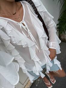 SHEIN EZwear 女式纯色系领拼布多褶边长袖衬衫 - 白色 - 查看 5