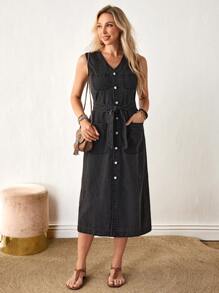SHEIN LUNE Women's Solid Color Simplistic Casual Sleeveless Denim Dress - Grey - View 5