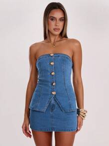SHEIN BAE Bộ 2 món áo denim bandeau ôm vừa vặn và chân váy mini cho nữ - Trang phục denim thanh lịch, chân váy denim ống rộng rộng rãi, quần denim cạp cao cho nữ, trang phục thường ngày khi đi làm, trang phục sân bay, phù hợp với mọi dịp, trang phục denim xanh đã giặt, đi chơi đêm - Màu xanh lam - Xem 4