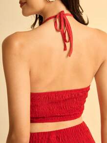 CAJUNI Women's Boho Style Tropical Print Pleated Halter Tank Top And Long Pants Vacation Beach Casual Set, Summer - Red - View 5