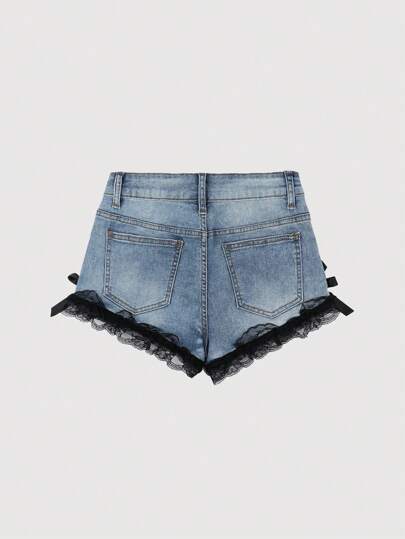 Grunge Punk Sexy Low Waist Cross Pendant Lace Bow Cute Dark Street Style Blue & Black Mini Women Denim Shorts, Suitable For Summer, Beach, Graduation, Easter, Concert, Nashville Vacation