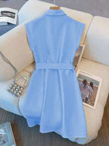 Franclia Women Solid Color City Casual Commuting Midi Dress - Blue - View 2