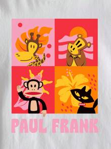 Paul Frank X SHEIN Tween Girl Casual & Funny Cartoon & Letter Print Short Sleeve White T-Shirt, Summer