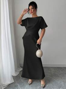 Elenzga Plus Size Women's Black Summer Elegant Formal Evening Dress,Satin French Style Luxurious V-Neck Wrap Waist Fishtail Hem Long Dress For Office,Party - Black - View 5