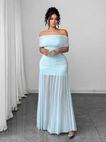 Elenzga Váy len hở vai cỡ lớn cho nữ, váy dài lưới chắp vá màu xanh nhạt - Màu xanh nhạt - Xem 8