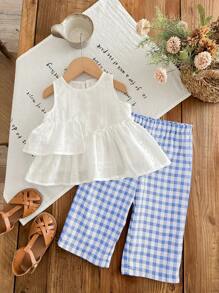 SHEIN LMoss Kids 女婴时尚夏季格子裤和刺绣上衣两件套，百搭 - 藍色 - 查看 3