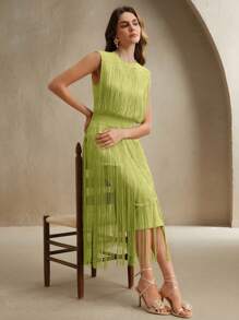 Anewsta 沙漠女神流苏波西米亚风格修身长裙，适合节日和音乐节 - 酪梨綠 - 查看 3