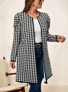 SHEIN Clasi Women's Plus Size Houndstooth Printed Minimalist Daily Jacket Winter Fall Autumn - Black and White - View 1