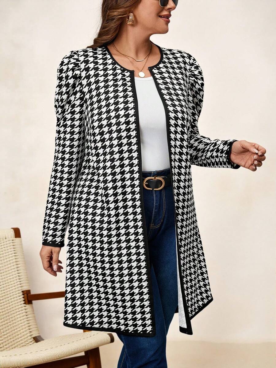 SHEIN Clasi Women's Plus Size Houndstooth Printed Minimalist Daily Jacket Winter Fall Autumn - Black and White - View 1