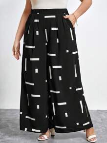 SHEIN Clasi Plus Size Vacation Leisure Wide Leg Plant Boho Printed Pants - Black and White - View 1