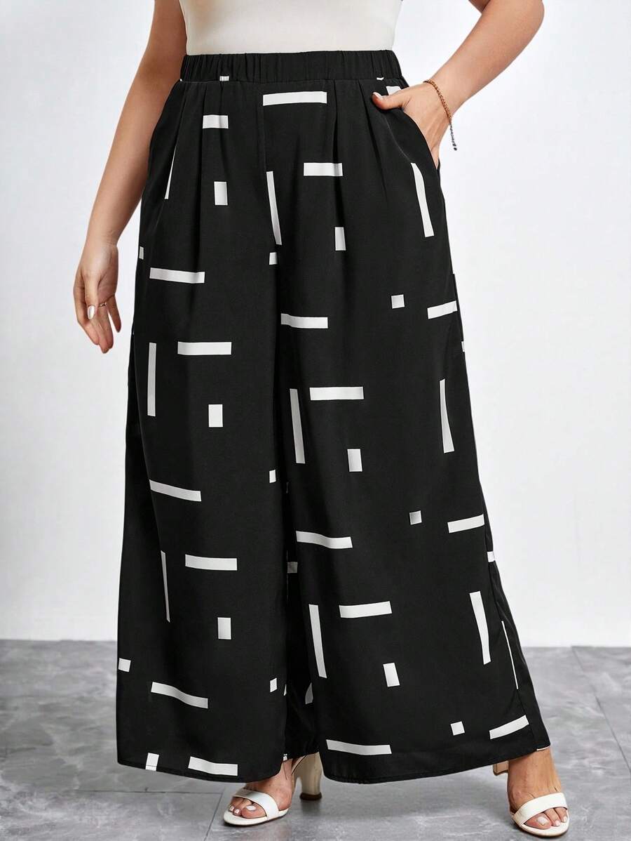 SHEIN Clasi Plus Size Vacation Leisure Wide Leg Plant Boho Printed Pants - Black and White - View 1