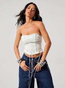 Denimoi Y2K Washed Denim Lace Up Corset Top - White - View 3