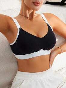 SHEIN Sujetador sin aros para mujer, sin costuras, con tirantes anchos, levantador de busto, con puntada de color contrastante para uso diario - Blanco y Negro - Ver 3