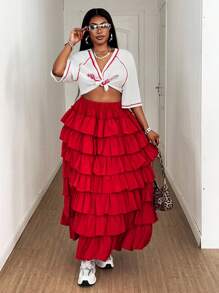 Maweii Plus Size Solid Color Pleated Multi-Layer Ruffle Skirt, Elegant & Sexy For Party - Red - View 7