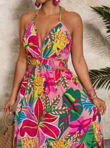 Travachic Plus Size Summer Holiday Pink Tropical Floral Print Maxi Dress With V-Neck, Waist Cutout And A-Line Skirt, Leopard Print Front Slit Long Dress, Bohemian Island Beach Maxi Dress Beach Outfits For Woman Beach Vacation Outfits Airport Outfit Women Holiday Outfits Summer Outfits Boho Chic Boho Style Women Clothing Brunch Outfits For Women Beach Vacation Outfits City Break Outfits Western Clothes For Women Western Wear Women Plus European Summer Island Vacation Outfits Honeymoon Outfits Woman Old Money Saint-Tropez Outfits Tulum Outfits South Beach Outfits Santorini Greece Outfits Amalfi Coast Outfits Ibiza Outfits Island Girl Plus Leopard Print Cheetah Print,Summer Dresses For Women - Hot Pink - View 1
