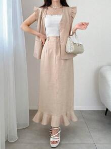 FRIFUL Women 2pcs Set Plain Sleeved Ruffle Trim Pocket Skirt Flounced Hem Straight Casual Business Outfit - Khaki - View 4