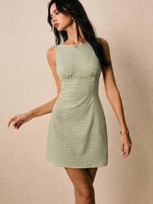 Poéselle Vestido corto sin mangas con cuello redondo y espalda descubierta con estampado de cuadros para mujer, verano - Verde - Ver 4