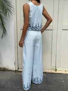 SHEIN EZwear Women Summer Vacation Floral & Striped Print Cropped Sleeveless Cardigan And Loose Paperbag Waist Wide Leg 2 Pieces Set