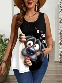 SHEIN LUNE 大码夏季休闲可爱狗狗露肩印花宽松背心 - 彩色 - 查看 4