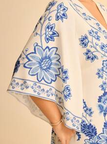 CAJUNI Damen Große Größen Boho tropisches Blumen Muster V-Ausschnitt Fledermaus Ärmel rückenfrei Lässig Sommer Maxikleid, Beige