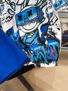 SHEIN 2 件套 Tween Boys 都市时尚圆领短袖 T 恤和短裤套装，街头服饰 - 寶藍色 - 查看 5