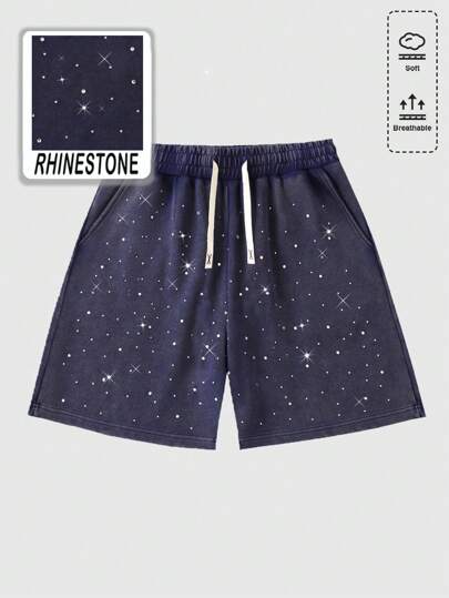 شورت رجالي صيفي مريح للشارع، بسحاب خصر مرصع بالراين ستون، جيب مائل، قصير وفضفاض