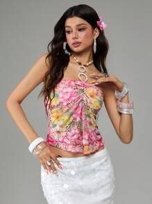 ROMWE Avant Y2K Style Pirate Sexy Ruched Side Detachable Mesh Scarf Women Tank Top - Multicolor - View 4